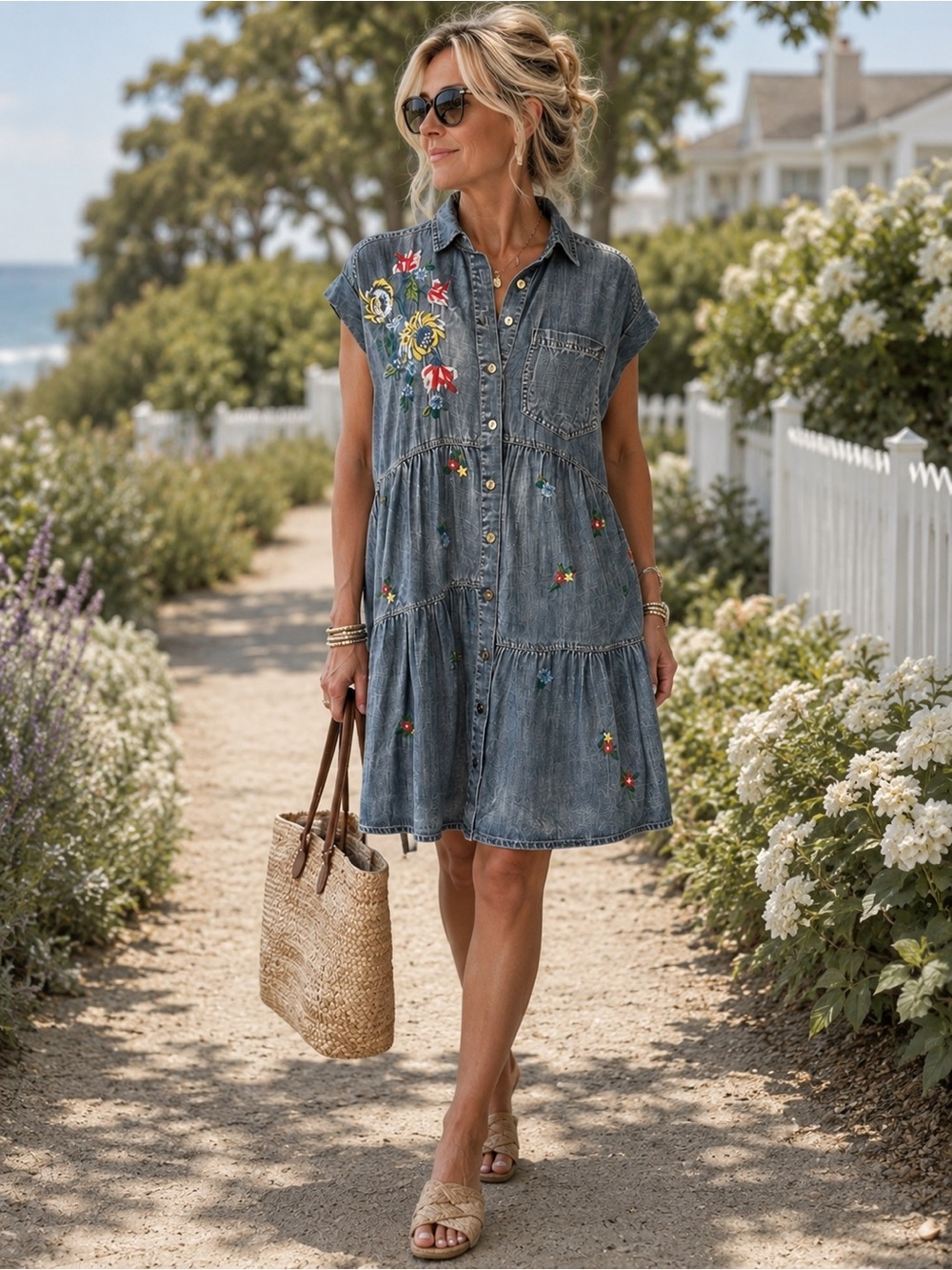 Caite & Kyla Oriana Embroidered Tencel Chambray Dress New With Tags Small